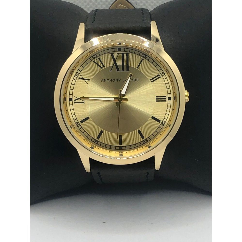 Anthony Jacobs Unisex Black Leather Analog Gold Dial Quartz Genuine Watch OP7